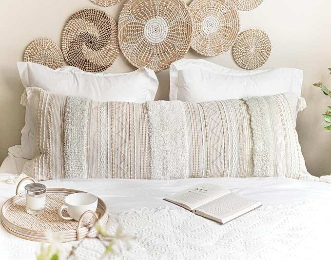 20X54 Oversized Large Lumbar Pillow Cover for Bed, Rectangular Long Decorative Throw Pillowcase, Cotton Boho Accent Cushion with Tufted Pattern and Tassels, Cream Beige Neutral (Cover Only)