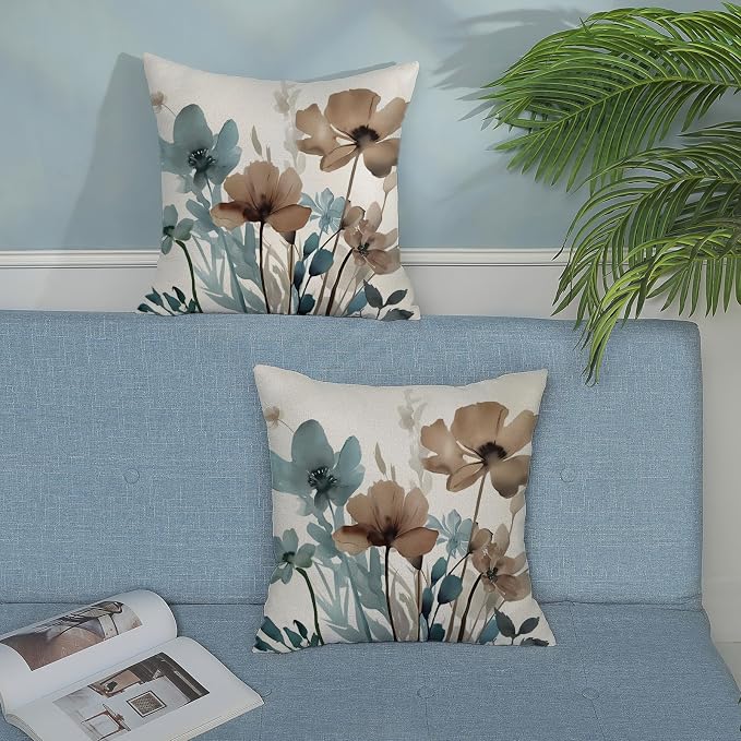 Spring Floral Pillow Covers 18x18 Inches Set of 2 Blue Brown Floral Throw Pillow Covers Outdoor Rustic Summer Flower Decoration Pillowcase Farmhouse Decorative Cushion Cover For Home Sofa Couch