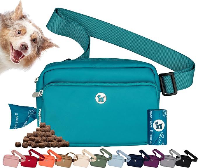 Puppington 3-in-1 Crossbody Dog Walking Bag & Treat Pouch with Matching Planet Safe Poop Bags & Built-In Dispenser - Dog Mom Gift for Puppy Training with Zippered Pockets (Lagoon Teal)
