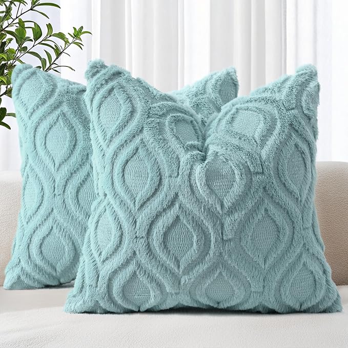 decorUhome Faux Fur Plush Soft Aqua Throw Pillow Covers 22x22 Set of 2 | Plush Solid Fall Couch Pillow Covers, Accent Modern Farmhouse Neutral Decorative Square Pillow Cases for Sofa Bed Living Room