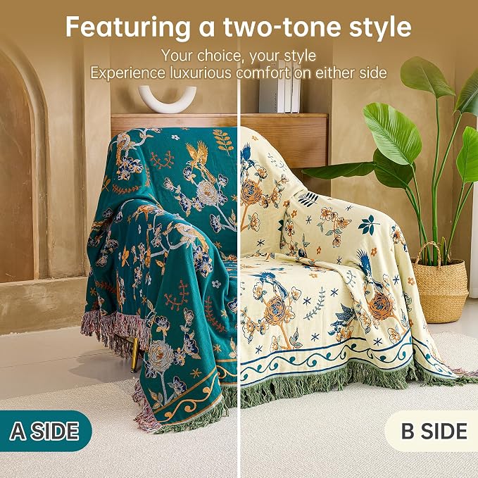 VANJOROY Boho 100% Cotton Large Throw Blanket - All Season Rustic Ultra Soft Breathable Floral Bird Blanket for Bed Sofa Couch Chair Bedspread Quilt Gift, 80" x 90"-Teal/Beige
