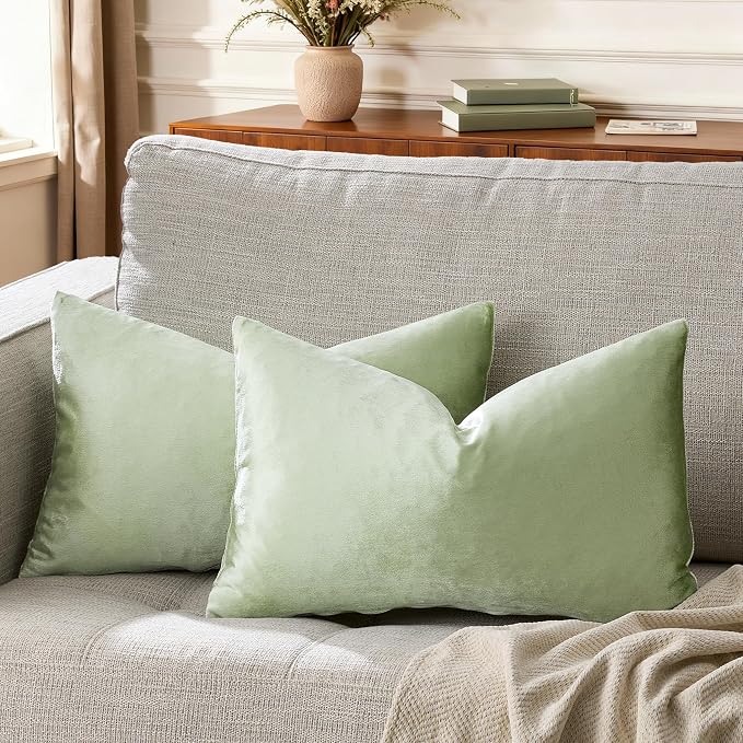 GIGIZAZA Sage Green Velvet Throw Pillow Covers 12x20 Pack of 2 | Decorative Lumbar Pillows for Couch Sofa,280gsm Soft Textured Fabric,Modern Pillowcases,Luxury Cushion Covers