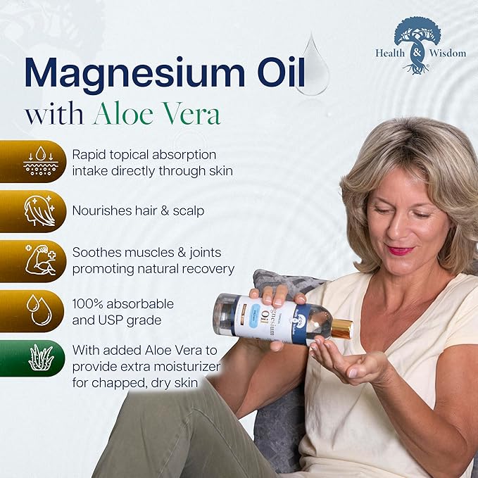 Health & Wisdom Pure Magnesium Oil with Aloe Vera - Topical Muscle & Joint Relief- Natural and Pure Skin Moisturizer - Enhanced Absorption - 12 fl oz