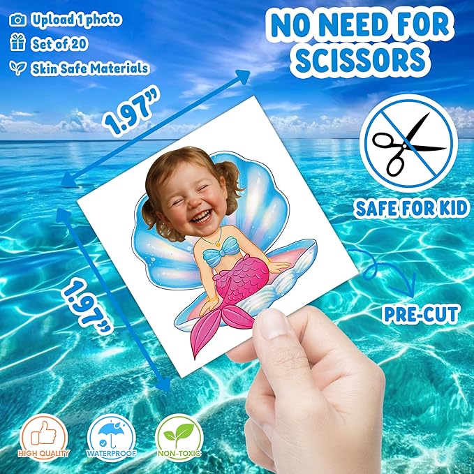 Custom Ocean Temporary Tattoos for Kids - Personalized Pre-Cut Face Photo Tattoos - Fun Birthday Party Favors for Boys Girls, Ocean Lovers - Set of 20 Unique Celebration Gifts