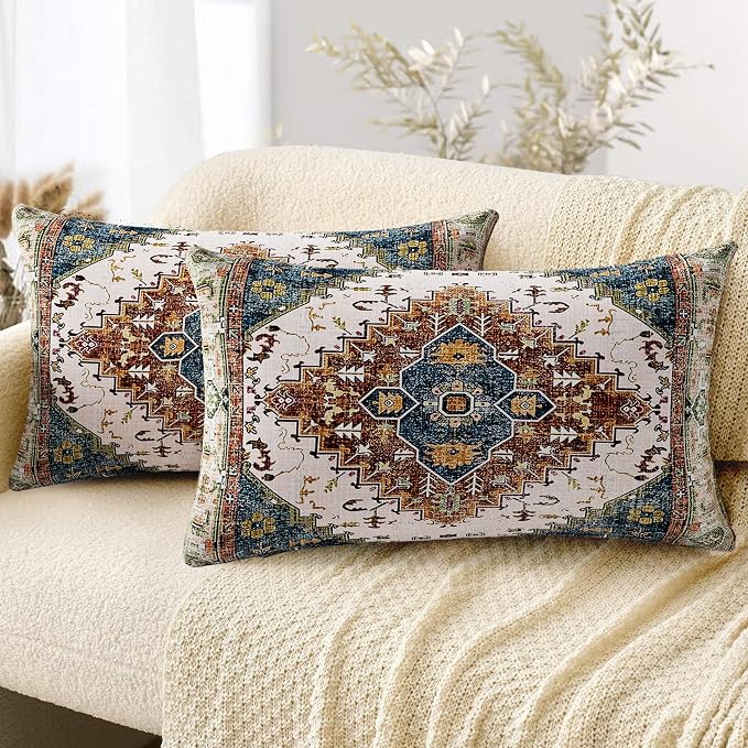 Boho Throw Pillow Covers 12x20 inch Set of 2,Soft Pillowcases Bohemia Carpet Printing Pattern Decorative Sofa Living Room Bed Rectangle Pillow Case Cushion Cover-Blue Green