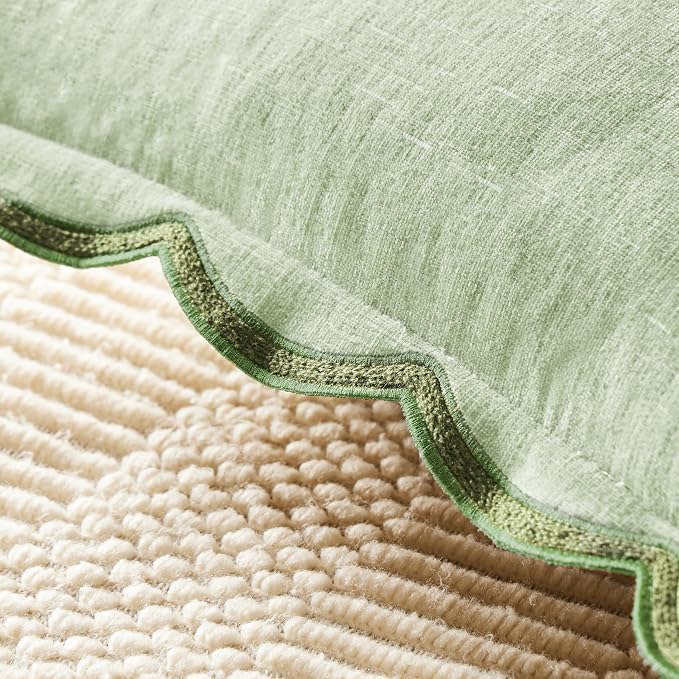 Ohocut Light Green Scalloped Pillow Cover Pack of 2 Spring Chenille Decorative Cute Boho Couch Throw Pillow Covers 18" x 18" Aesthetic Funky Preppy Pillow Cases for Sofa Living Room