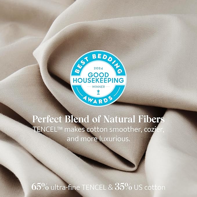 Double Stitch Cotton Tencel Sheet - Bed Sheets Set King Size, 4Pc Luxury Hotel Bedding Set, Soft, Cooling & Breathable for Hot Sleepers, Deep Pocket Up to 16 Inches, Sandstone