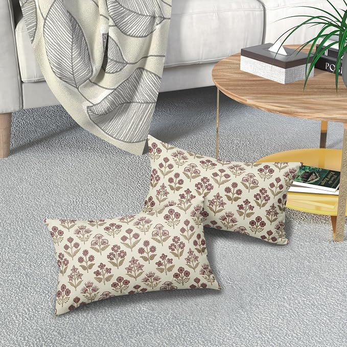 Brown Burgundy Floral Pillow Covers 12x20 Inch Set of 2, Block Print Lumbar Flower Cream Decorative Throw Pillowcases Outdoor Farmhouse Rectangle Cushion Covers Spring Summer Sofa Couch Bed Decor