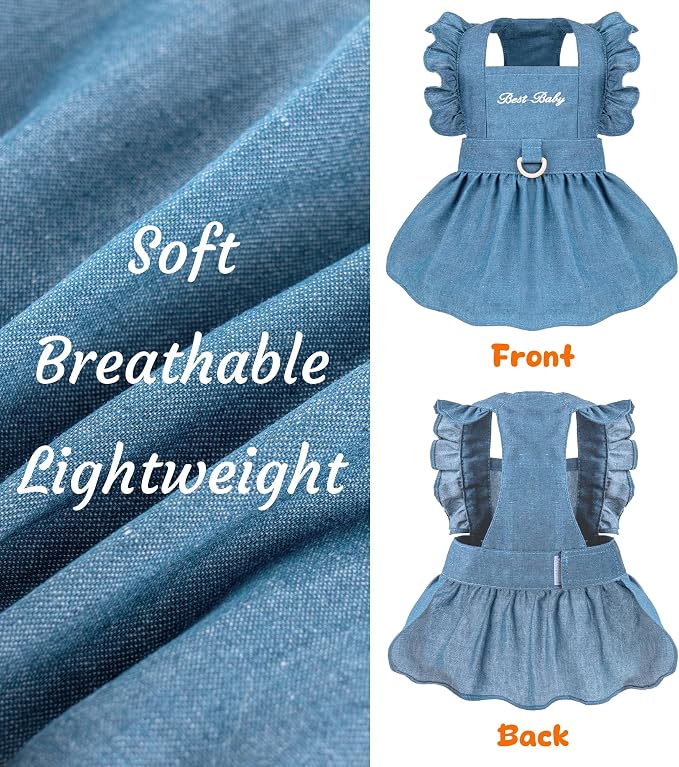 Denim Cat Dog Dress Clothes for Small Dogs with Leash Ring Summer Girl Small Dog Clothes Outfit Belly Velcro Fastening Cat Outfits&Apparel for Girl