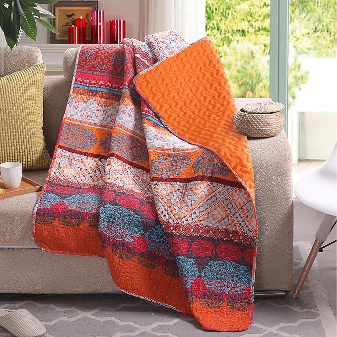 Exclusivo Mezcla Reversible Boho Quilted Throw Blanket, 50"x 60" | Lightweight Summer Quilt Throw, Designed for Bed/ Couch/ Sofa, Red and Orange Striped Pattern