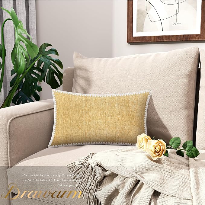 BRAWARM Chenille Throw Pillow Covers 12x20 Inches, Gold, 2 Pack | Decorative Lumbar Pillow Covers with Shell Edge, Soft Cushion Cases for Sofa Bed Living Room Home Farmhouse (No Insert)