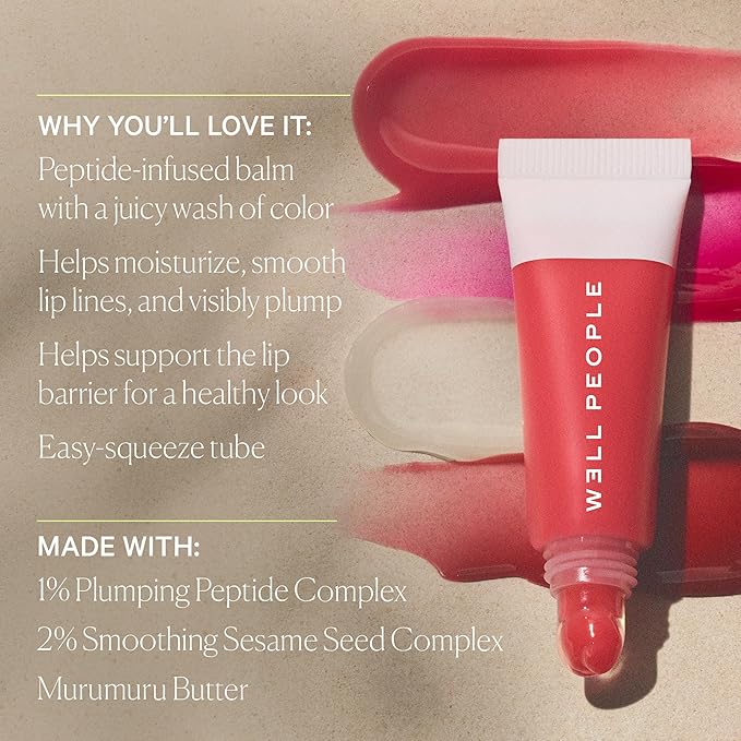 Well People Poutlove Peptide Lip Balm, Hydrating Sheer Tinted Lip Treatment with Peptide Complex, Murumuru Butter & Sesame Seed Complex for a Plumper, Smoother-Looking Pout, Pink Grapefruit