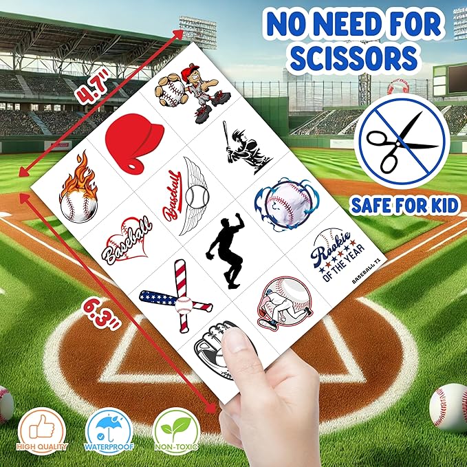 96PCS Baseball Pre-Cut Temporary Tattoos for Kids - Sports Birthday Party Favors, Baseball Party Supplies, Goodie Bag Fillers, School Prizes for Boys & Girls