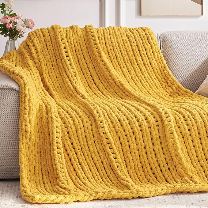 Negwoo Chunky Knit Throw Blanket, Knitted Throw Chenille Yarn, 50"*60" | Soft Thick Cable Knitted Blankets, Handmade Big Thick Blanket, Machine Washable Cute Comfy Blanket for Home Decor, Yellow