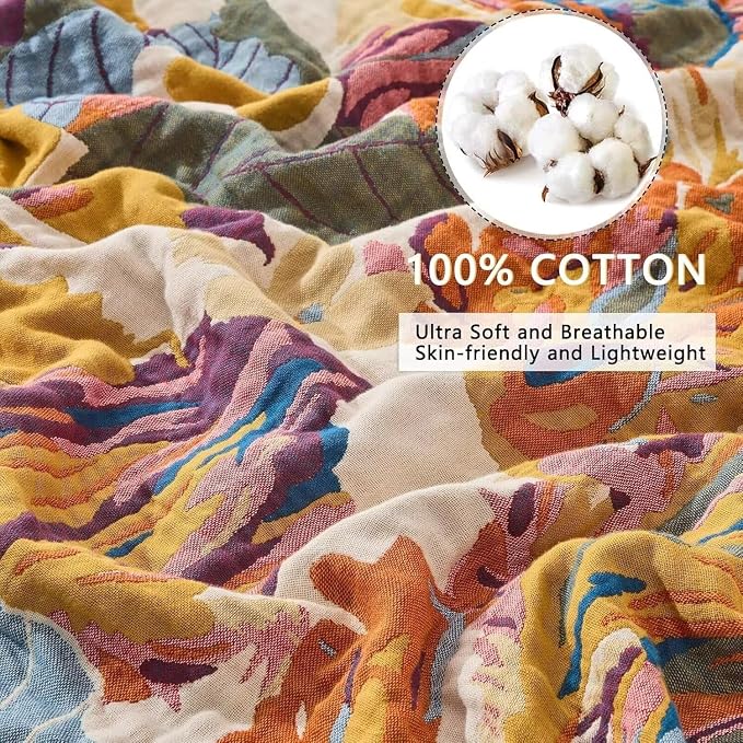 Boho Throw Blanket Farmhouse Decor Throw Blanket Bohemian Blanket for Bed 100% Cotton Muslin Woven Couch Blanket All Seasons Quilt Bedroom (D-Yellow, 80"x90")