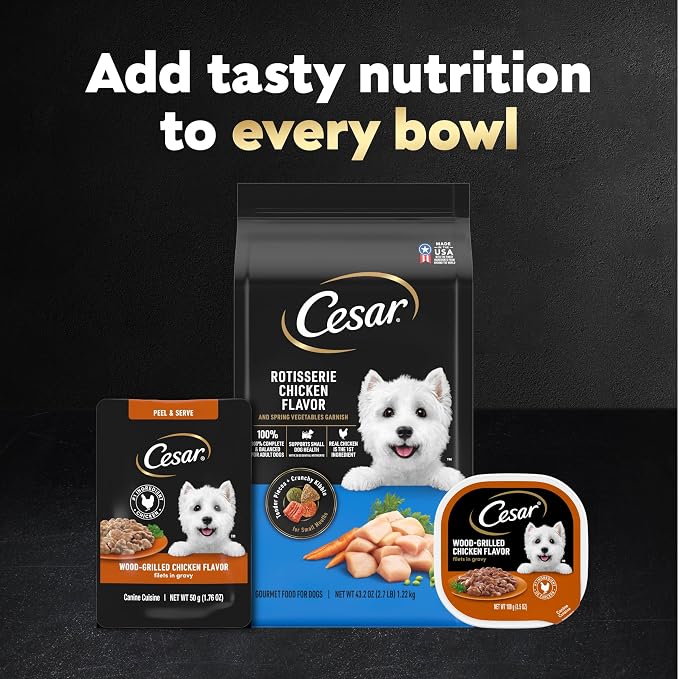 Cesar Filets Mini-Pouch Wet Dog Food, Grilled Chicken, 1.76 oz, 20 Count | Real chicken #1 ingredient, protein-packed, no fillers or artificial flavors, easy peel-and-serve, slow-cooked tender texture