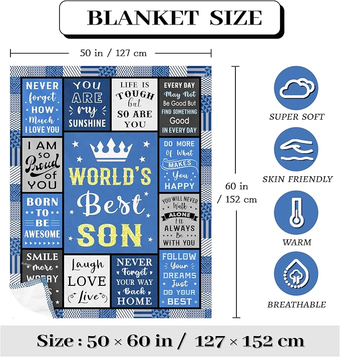 Gifts for Son, Best Birthday Gifts for Adult Son Blanket 60"x50", Son Gifts from Mom/Dad, Son Birthday Gifts, Gift for My Son, Gifts for Grown Son
