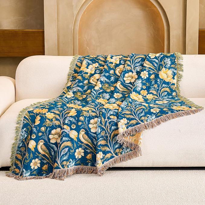 VANJOROY Boho Throw Blanket, 100% Organic Cotton Breathable Ultra Soft 80" x 90" Bed Quilt Throw - All Season Floral Rustic Farmhouse Decor Luxury Reversible Blanket for Sofa Couch Chair and Gift