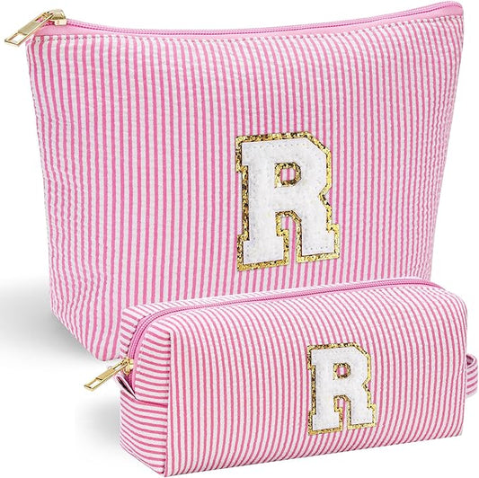 YOOLIFE Initial Makeup Bag for Girls, Travel Cosmetic Bag with Small Makeup Brush Bag Cute Makeup Bag Toiletry Travel Bag Personalized Wife Friend Gifts Makeup Birthday Gifts for Women Her Pink R