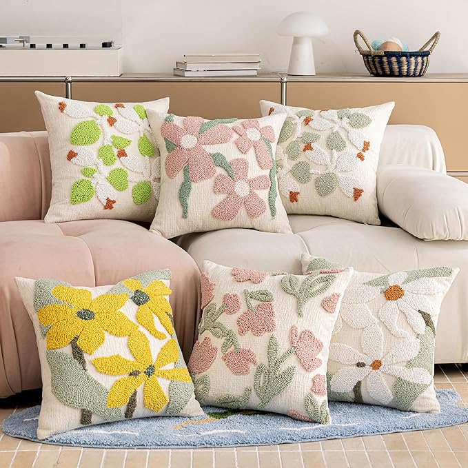 Summer Floral Throw Pillow Covers 20x20 Inch Set of 2, Chenille Embroidered Pillowcase with 3D Tufted Yellow Flowers Sage Green Leaves, Boho Decorative Cushion Covers for Couch Sofa Bed