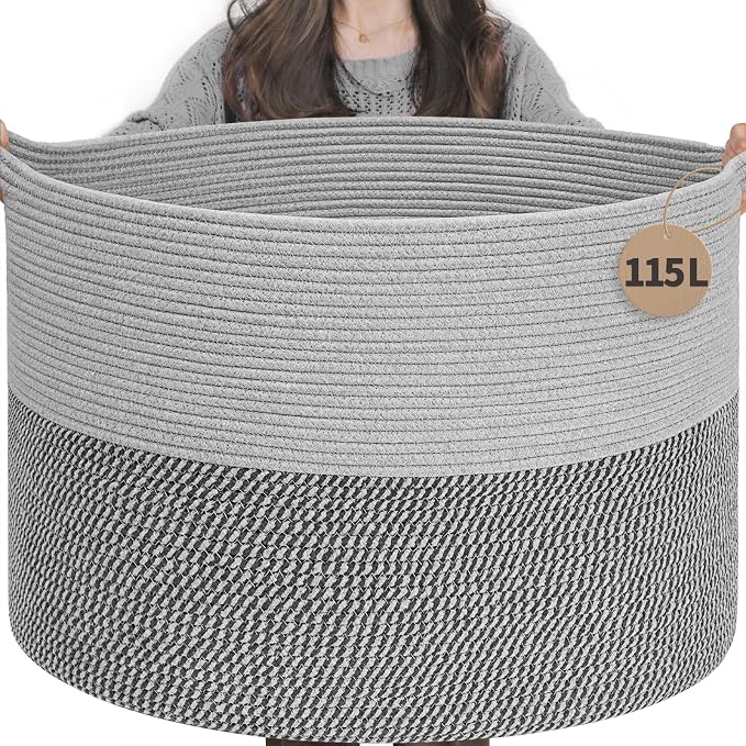 INDRESSME 115L Extra Large Woven Rope Blanket Basket Living Room, Grey | 23.6" x 15.7" Storage baskets for toys laundry & pillows. Fits living room, bedroom or nursery décor. Soft-touch with handles
