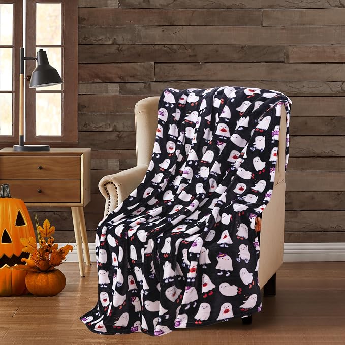 Halloween Ghost Fleece Throw Blanket, Cute Ghosts on Black, 50x70 in | Ultra-soft cozy flannel fleece, for sofa couch bed chair & dorms, spooky Halloween décor, durable and machine washable.