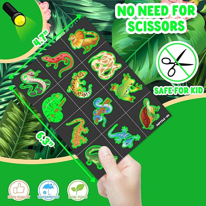 96PCS Reptile Animal Safari Jungle Lizard Pre-Cut Luminous Glow in the dark Temporary Tattoos for Kids | Super Cute Theme Birthday Party Favors Supplies Decorations, Fake Tattoos Gifts for Boys Girls
