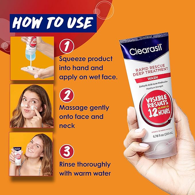 Clearasil Rapid Rescue Deep Treatment Acne FaceWash, Maximum Strength with 2% Salicylic Acid Acne Medication, AcneFacial Cleanser, 6.78 fl oz (Pack of 3)