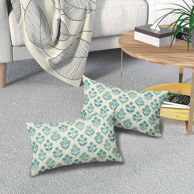 Teal Floral Pillow Covers 12x20 Inch Set of 2, Block Print Lumbar Flower Cream Decorative Throw Pillowcases Outdoor Farmhouse Rectangle Cushion Covers Spring Summer Sofa Couch Bed Decor