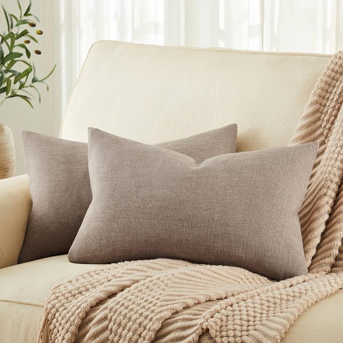 Rustic Linen Lumbar Pillow Covers Set of 2, Cocoa Brown 12x20in | Textured Pillow Case, Rustic Cotton Linen Fabric, Modern Farmhouse Cushion Covers for Sofa Bed Living Room Home Decor