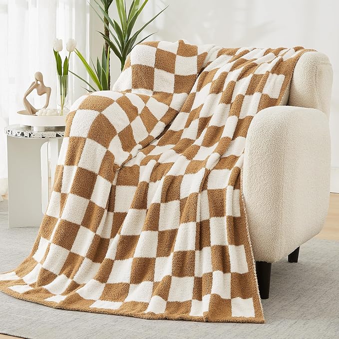 Soft Checkered Throw Blanket for Couch-Cozy Warm Knitted Blankets | Lightweight Warm Fluffy Decor for Women, Mom, Her & Girls, Sofa, Chair, Bed, 50x70in, Burnt Orange