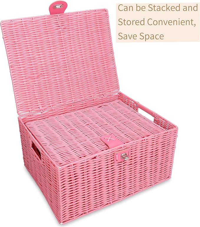 Honygebia Pink Wicker Storage Baskets - Set of 3 Decorative Nesting Boxes with Lids, Woven Basket with Lock & Handle, Organizer for Beauty Makeup Bathroom Decor