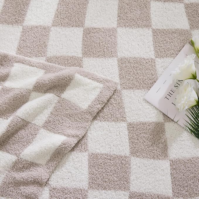 Soft Checkered Throw Blanket for Couch-Cozy Warm Knitted Blankets | Lightweight Warm Fluffy Decor for Women, Mom, Her & Girls, Sofa, Chair, Bed, 50x70in, Taupe