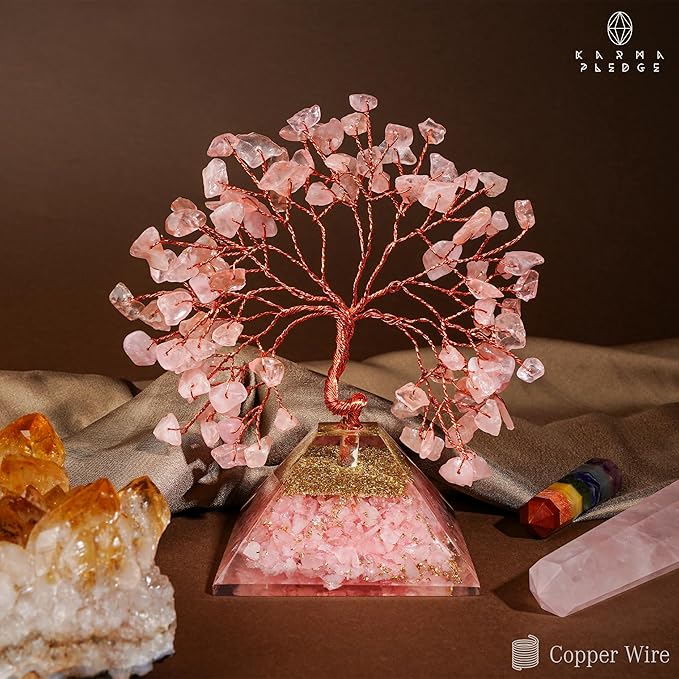 Rose Quartz Crystal Tree Good Luck Birthday Gifts for Women Mom Friends Sister Home and Office Desk Decor, Pyramid Base Reiki Healing Stones Chakra Tree of Life for Positive Energy, Money, Sucess