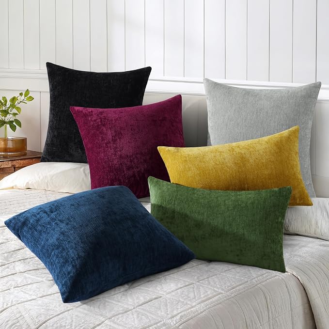 decorUhome Soft Chenille Navy Blue Throw Pillow Covers 24X24 Set of 2 | Decorative Fall Couch Pillow Covers Solid Dyed Accent Modern Euro Sham Farmhouse Neutral Square Pillow Cases for Sofa