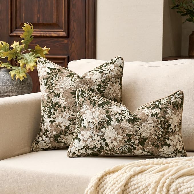 Neutral Floral Pillow Cover 24 x 24 Inches, Vintage Chenille Square Throw Pillow Cover Soft Decorative Farmhouse Accent Couch Pillow Cover for Living Room Bedroom, Green