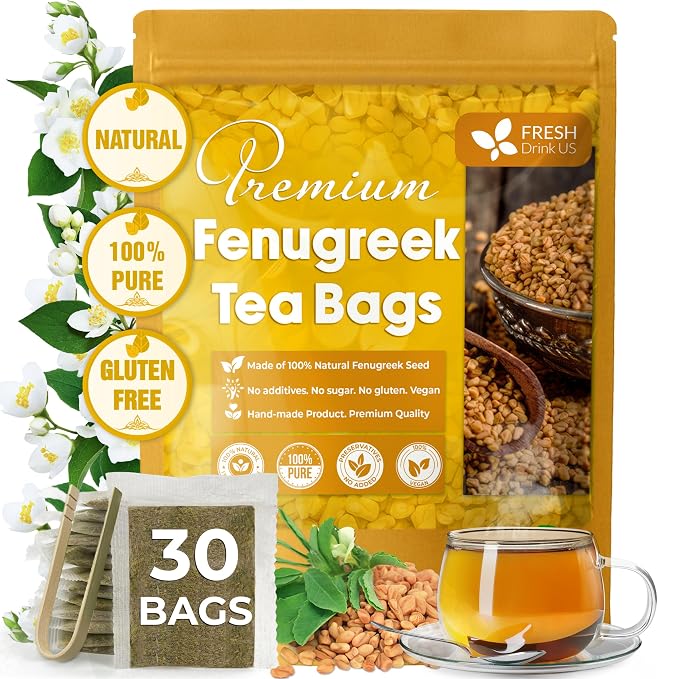 FreshDrinkUS, Premium 30 Fenugreek Tea Bags, 100% Natural & Pure from Fenugreek. Fenugreek Herbal Tea. Made with Natural Material Tea Bags. No Sugar, No Caffeine, No Gluten, Vegan.