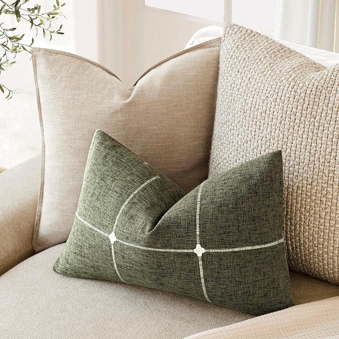 Foindtower Pack of 2 Decorative Faux Linen Jacquard Check Throw Pillow Covers Farmhouse Lumbar Cushion Cover with Grid Textured Pillowcase for Couch Sofa Living Room Home Decor,12×20 Inch,Olive Green