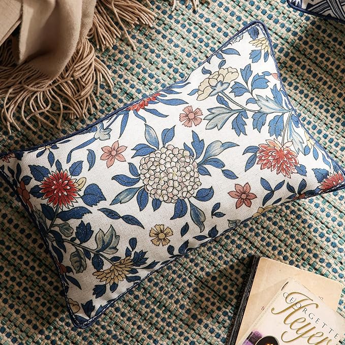 patdrea Designer Vintage Linen Throw Pillow Cover,12"x20",Set of 2-Ivar A | Decorative Pillow Cover,Blue and White Floral Pattern,Pillow Case for Couch Living Room Bedroom Sofa Outdoor
