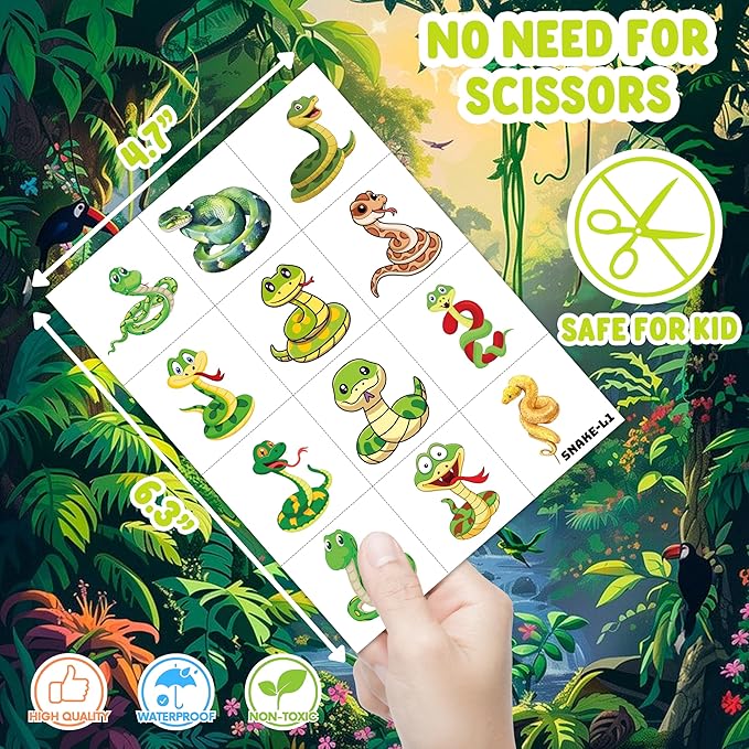 96 PCS Snake Pre-Cut Temporary Tattoos for Kids – Reptile Lizard Theme Birthday Party Favors,Cute Animal Tattoo Stickers for Boys Girls, Classroom Gifts, School Supplies, Prizes and Rewards (Normal)
