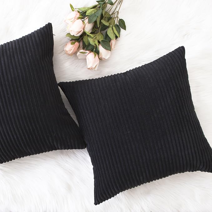 Home Brilliant 20x20 Black Pillow Cover Solid Soft Corduroy Throw Pillow Cover Striped Plush Summer Throw Pillows for Couch Sofa Chair Car, 20 x 20 inch (50cm), Black