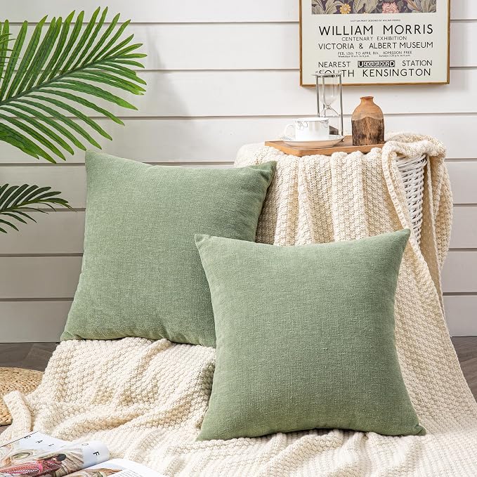 GAWAMAY Decorative Square Sage Green Throw Pillow Covers 20"x20" Inch Set of 2, Super Soft Chenille Pillows Cover, Farmhouse Fall Pillowcase for Living Room Bedroom Sofa Couch Cushion Cover 50x50cm