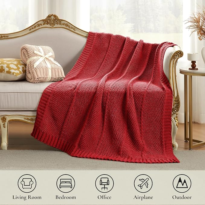 Knit Throw Blanket, Soft Chenille Cozy Breathable Chevron Chunky Decorative Blanket for Couch, Bed & Sofa, French-Inspired Lightweight Warm Gift for Women, Christmas Red, 50"x60"