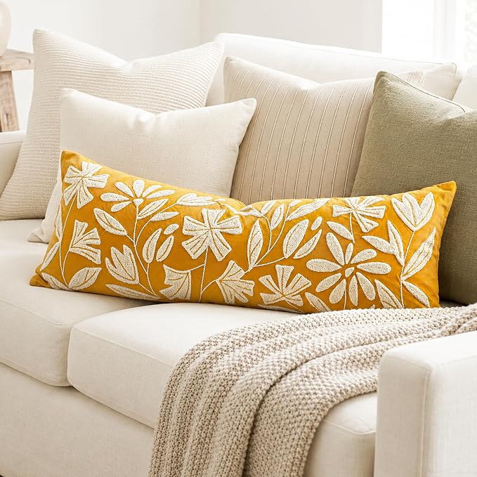 Long Lumbar Pillow Cover 14x36 for Bed, Mustard Floral Tufted Velvet Accent Oversize Throw Pillowcase for Bedroom, Cover Only