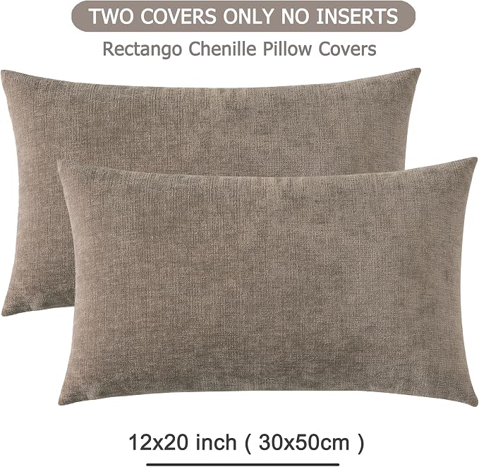 GAWAMAY Lumbar Pillow Decorative Rectangle Throw Pillow Covers 12"x20" Inch Set of 2, Super Soft Chenille Pillowcase for Living Room Bedroom Sofa Couch Cushion Cover Taupe Grey 30x50cm (ONLY Covers)