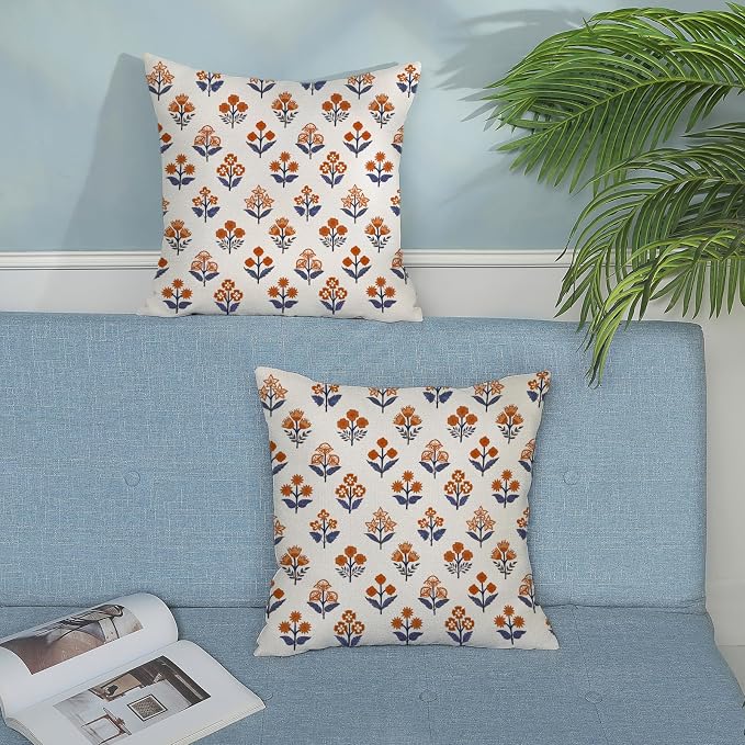 Farmhouse Floral Block Print Pillow Covers 18x18 Set of 2, Vintage Rustic Decorative Throw Pillows Modern Flower Cushion Covers for Sofa Couch Bed Living Room Home Decor, Navy Blue Orange