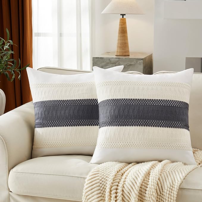 2pk Boho Pillow Covers 22x22, Natural White/Contrast/Charcoal | 100% Organic Cotton Body, Stripe Embroidery, Farmhouse Decorative Cushion Covers for Sofa Bed Living Room Home Decor