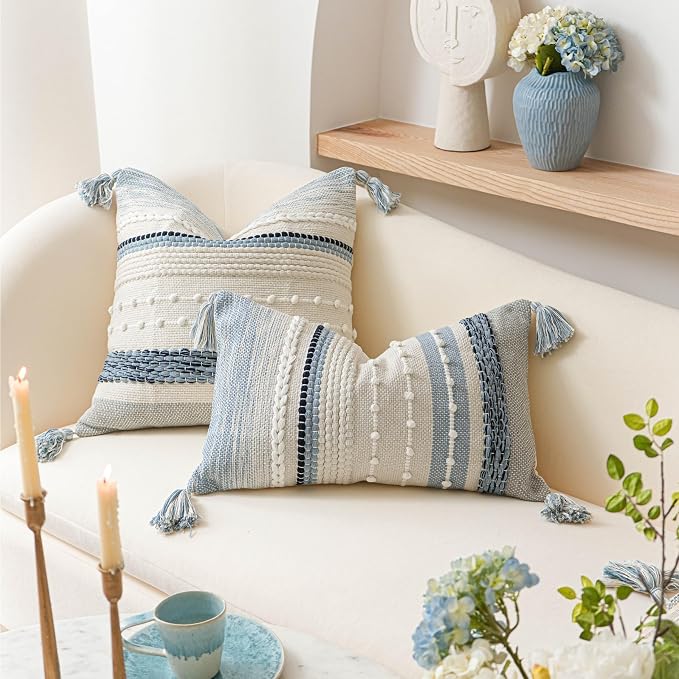 Decorative Lumbar Throw Pillow Cover 14x24 Boho Coastal Blue Accent Cushion for Couch Sofa Farmhouse Pillowcase for Bedroom Living Room Home Décor Cover ONLY
