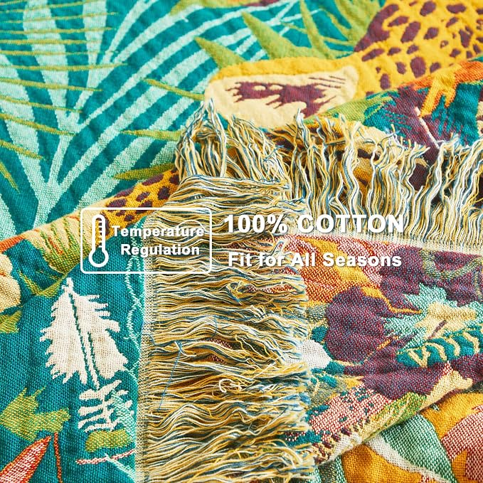 LUTBM Boho Throw Blanket for Couch 50"x60", Cotton Decorative Bed Throws | Reversible Leopard Jacquard, All-Season Muslin Blanket, For Chair Sofa Living Room, Lightweight & Breathable, Whimsical Decor