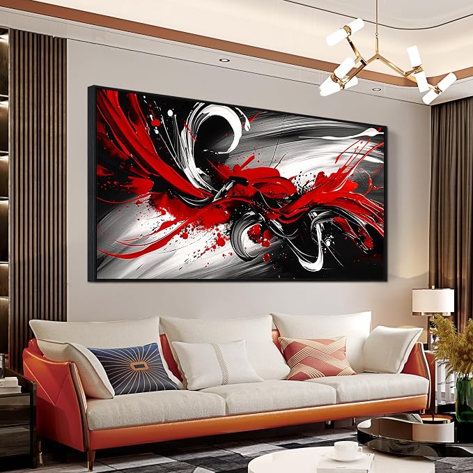 Black and White Red Large Canvas Wall Art for Living Room Black Framed Print Picture Painting Bedroom Office Wall Decor Modern Room Abstract Wall Decorations Artwork Size 30x60 Ready to Hang